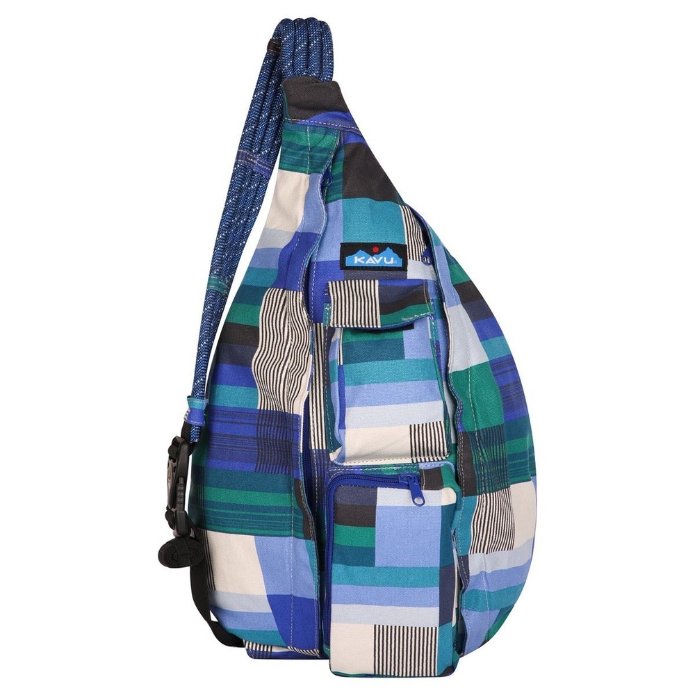NWOT Kavu Rope Bag Crossbody Sling Bag Multi Pockets Blue Plaid Betty's Quilt